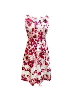 White House Black Market White Fit & Flared Dress with Pink Floral Print